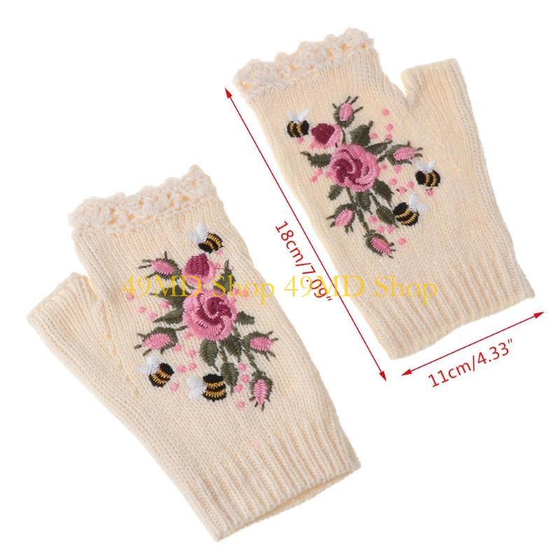 49MD Knit Fingerless Gloves Fall Winter Floral Embroidery Half Finger Cycling Mittens