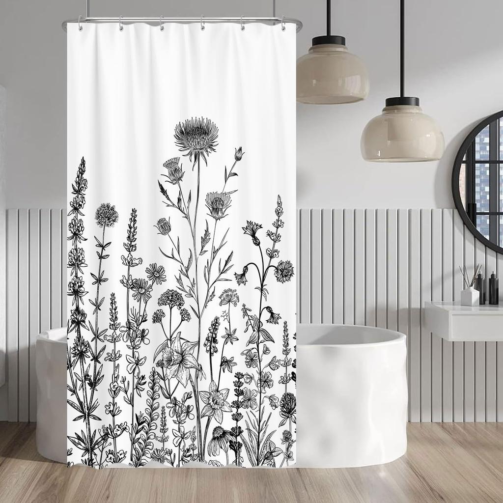 Vintage Boho Floral Shower Curtain, Cute Retro Bohemian Flower Botanical Aesthetic Decorative Shower Curtain Set with Hooks