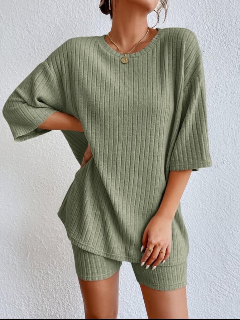 Conjunto de Top y Shorts de Punto Holgado Casual de Moda con Cuello Redondo para Verano Ropa de Mujer Cómodo Transpirable Color Sólido