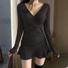 Sexy little black dress women's spring and autumn inner dress dancing hot girl skirt pure desire wind V-neck pleated thin dress