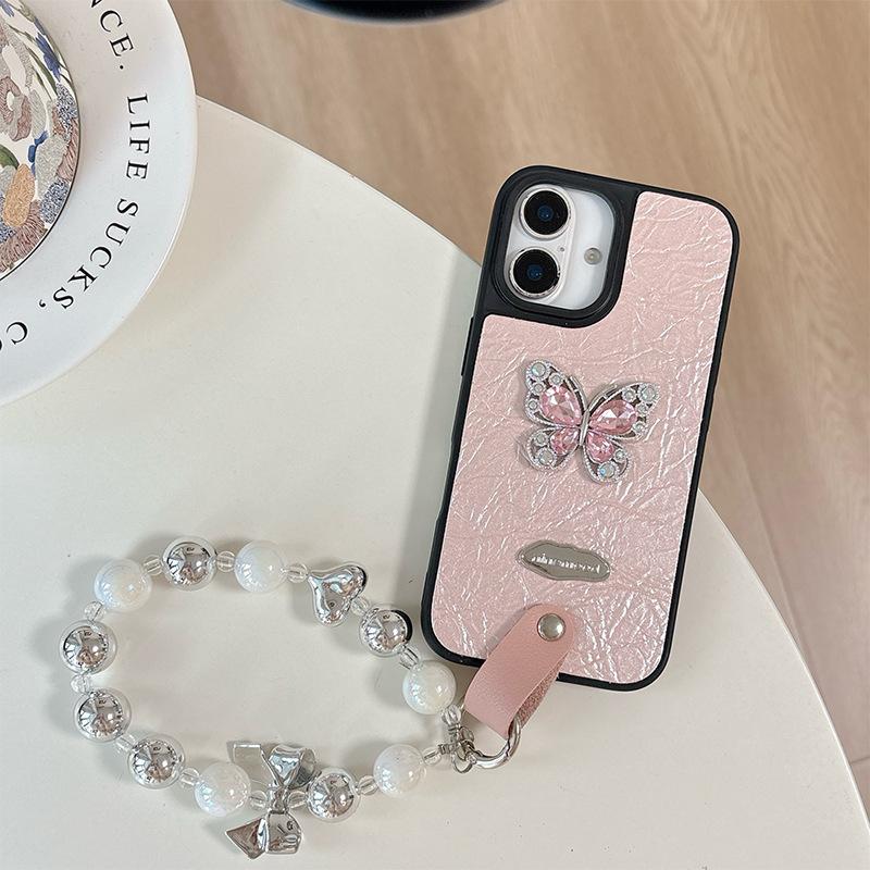 Strass Schmetterling High-End Kette Handyhülle für 15 für Apple 17 Handheld für IPhone16pro Leder Mode