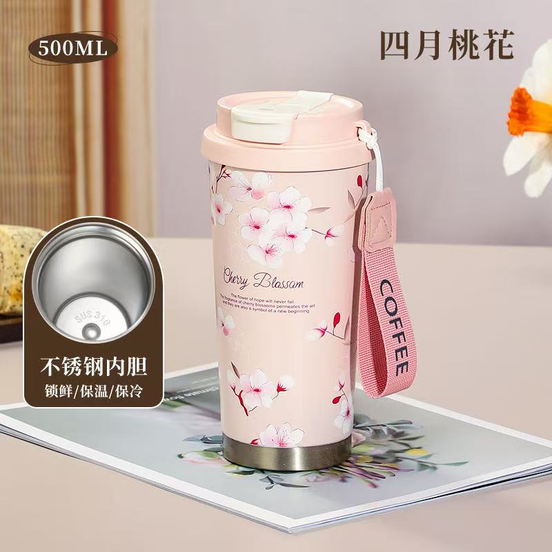 Kvinna Blomma Kaffemugg 500ml 316 Rostfritt Stål Vakuumflaska Sugrör och Dricka Direkt Isolerad Tumlare Termokopp