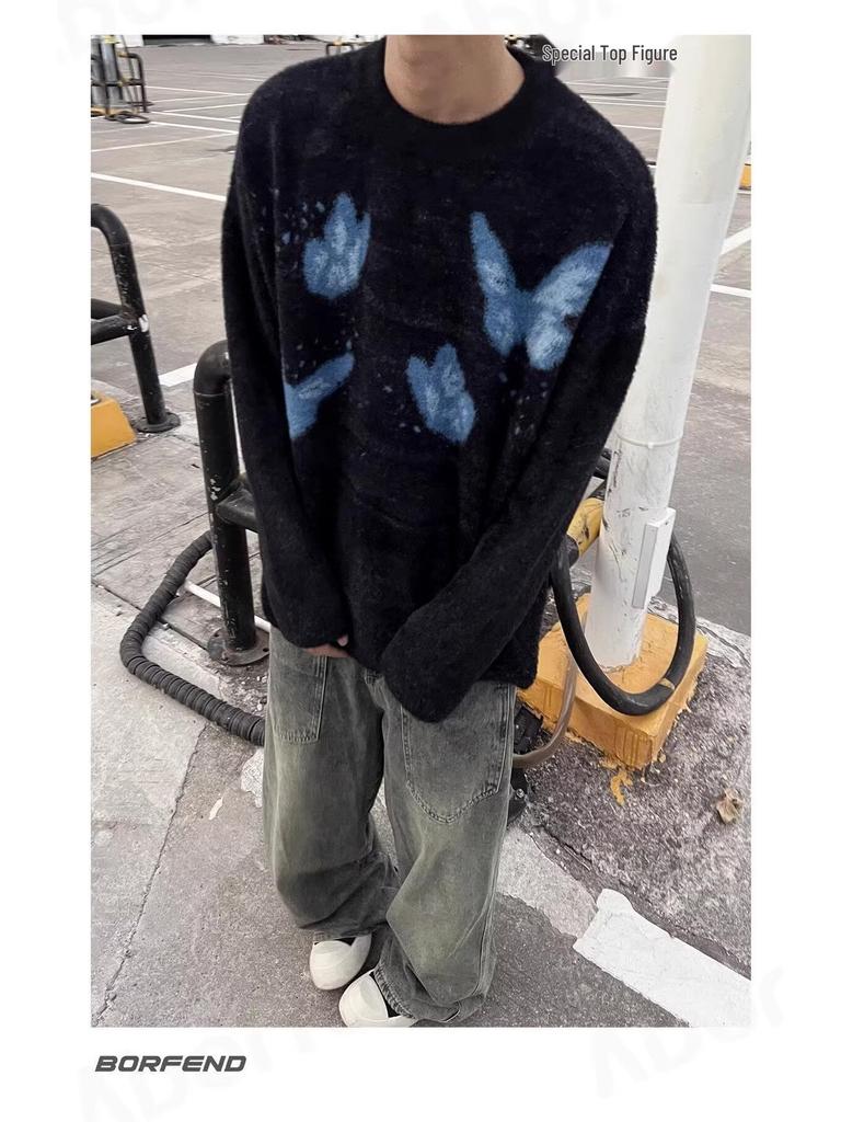 Unisex Butterfly Round Neck Sweater - Trendy, Soft & Fluffy Knit for Winter