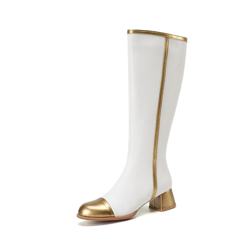

2025 Plus Size Gold Toe Cap National Style Color Blocking Knee High Boots Round Toe Thick Heel Zipper Plush Lining Women s Boots 39 білий