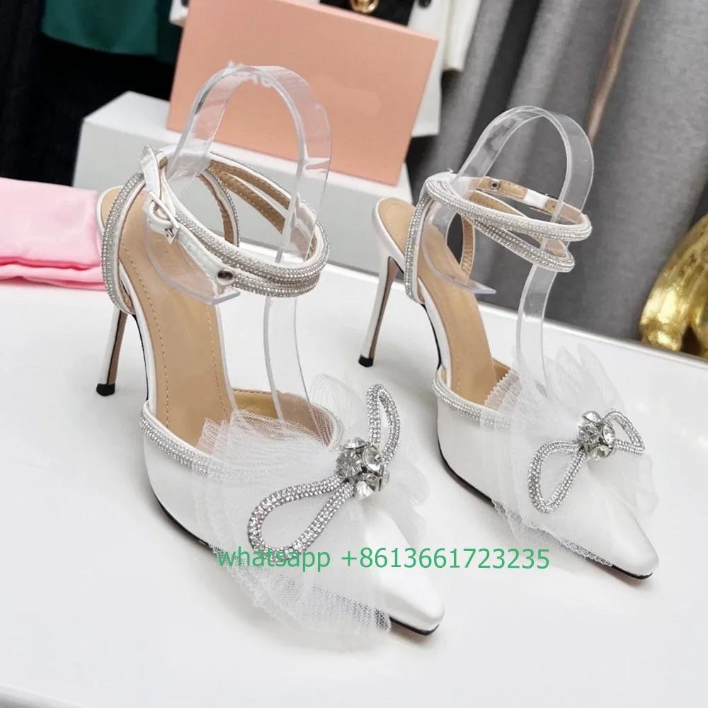 

Fashion Mesh Cloth Crystal Butterfly Knot Sandals Stiletto Heel Pointed Toe High Heels Black/white/pink Satin Rhinestone Shiny Sandals 34
