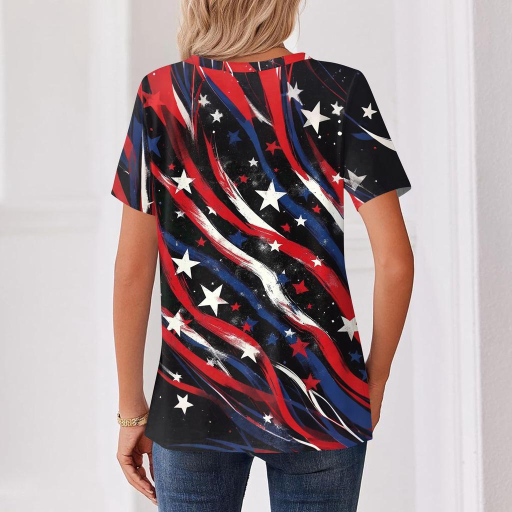 Women's T Shirt Independence Day Print Button Short Sleeve Daily Weekend Fashion Basic V- Neck Regular Top