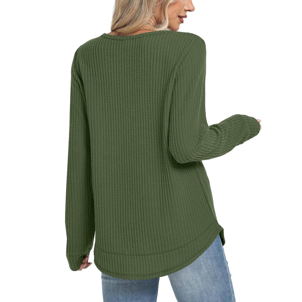 Women's Fashion Solid-Color Loose-Fit Long-Sleeve  Neck Casual Top