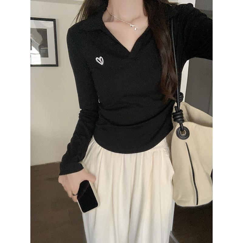 

Американское поло с лацканами, вышитое нашивкой «любовь», с длинными рукавами, женская футболка, новый осенний белый топ со складками на талии XL