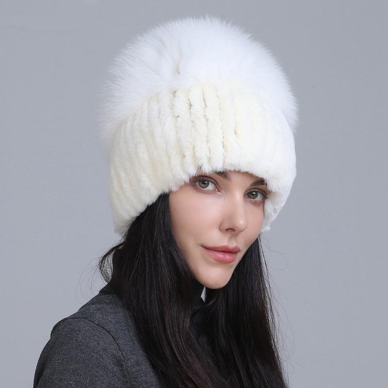 New fur hat Rex rabbit hat thickened versatile fox hair mushroom hat women's winter warm hat