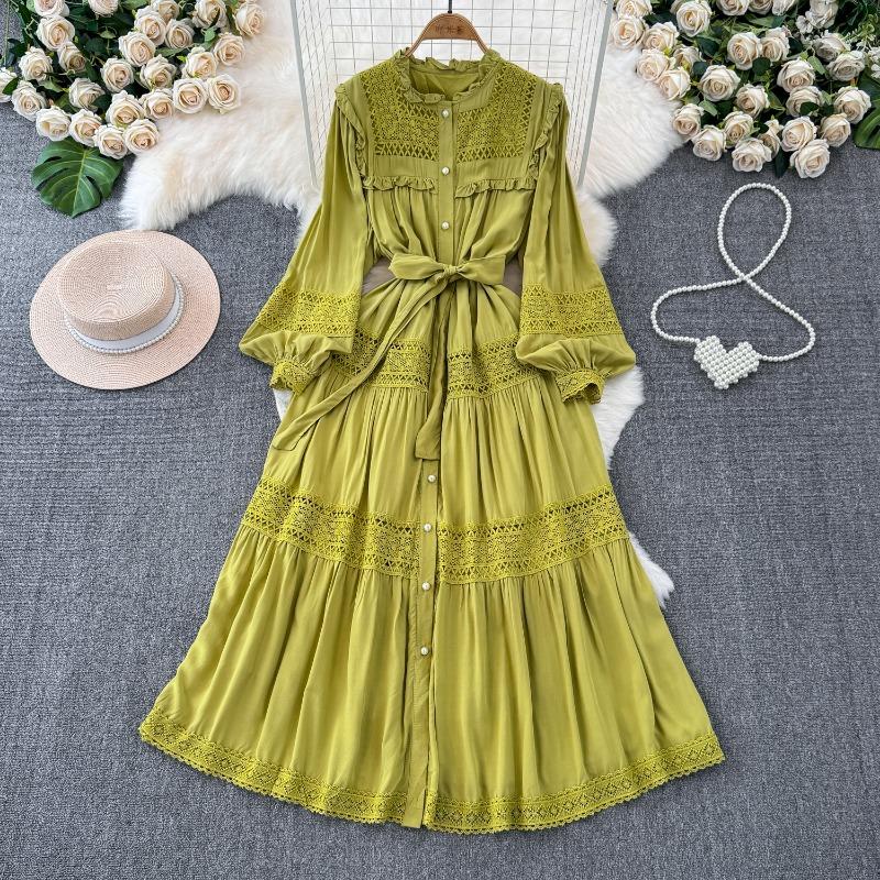 Krajkové šaty s dlouhým rukávem a volánky Jednobarevné Korejská móda Jednořadé Elegantní Retro Podzimní Dlouhé šaty Volánky Mašle Dámské šaty