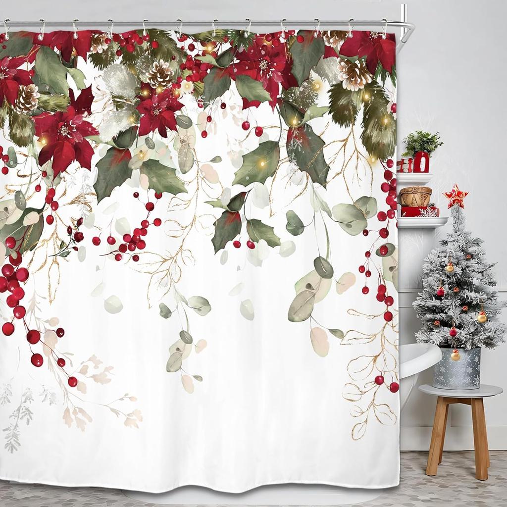 Eucalyptus Christmas Flower Shower Curtain Set Green Red Poinsettia Berry Leaves Botanical Plant Merry Xmas Polyester Waterproof