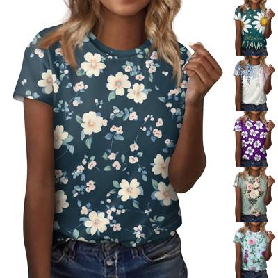 Women's Fashion Casual Flowers Printed Round Neck Short Sleeve Top Blouse