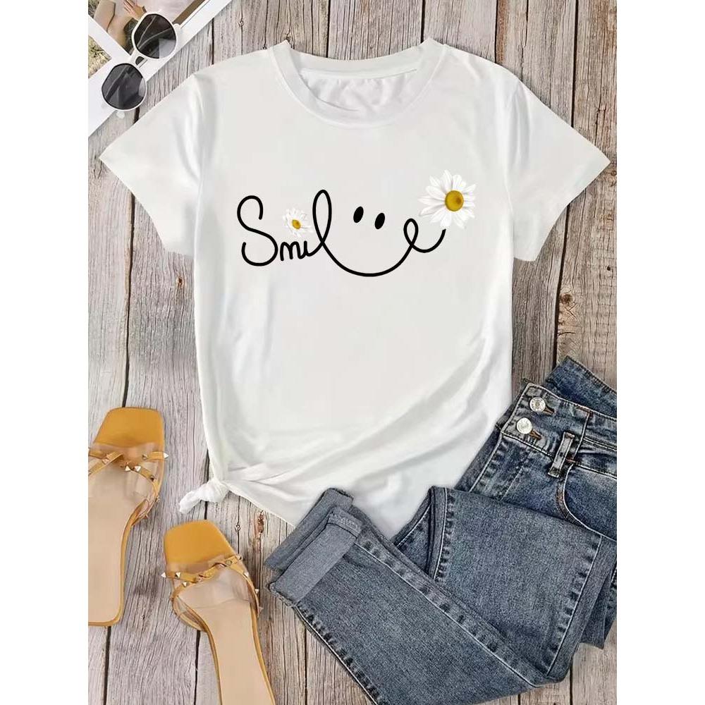 

Beautiful Daisy Smile Letter Printed T Shirt Harajuku Fashion Graphic Black T Shirt Shirt Casual O-neck Female Tops Tee S