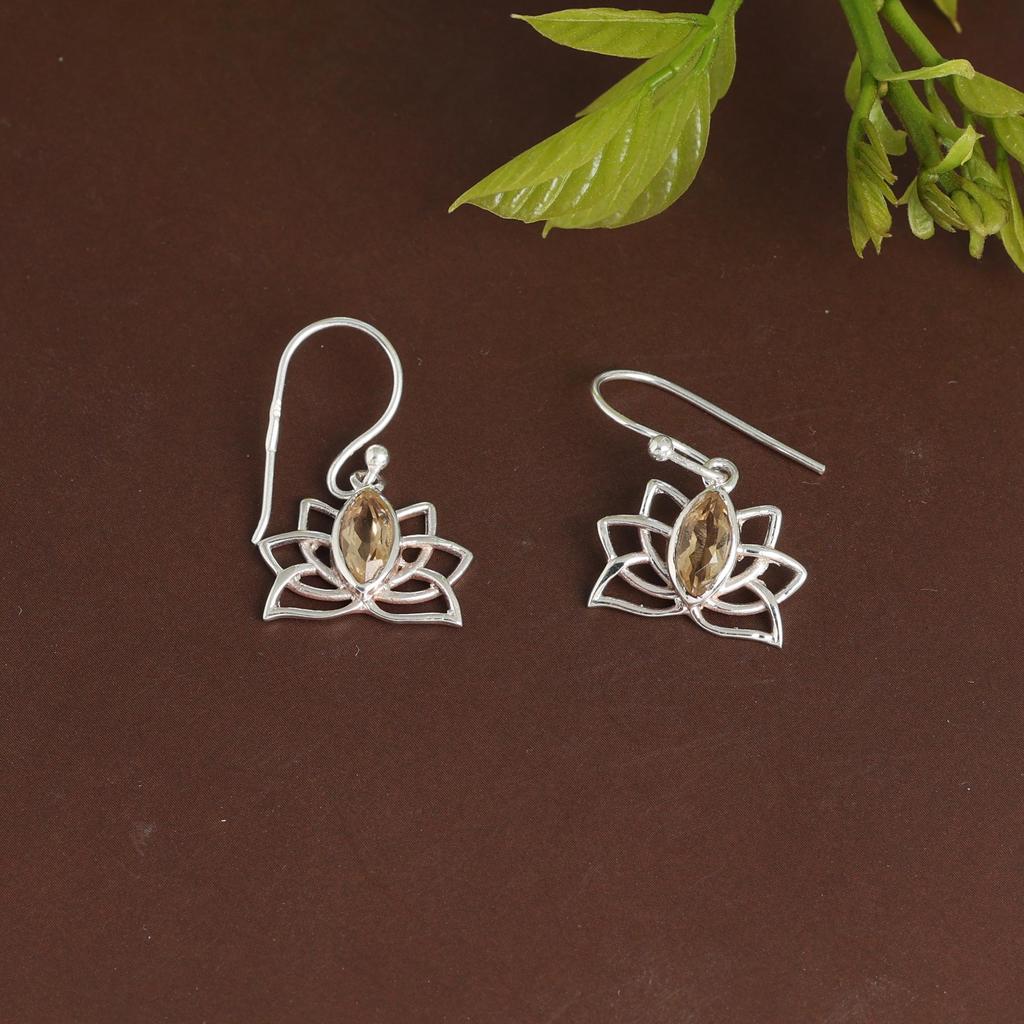 Lotus Earring, Citrine Silver Earring, Women Jewelry, 925 Sterling Silver Handmade Jewelry, Dangle Earring, Gift For Her
