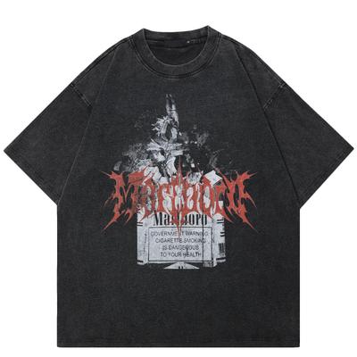 Maglietta grafica con lettere streetwear, maglietta nera lavata in cotone, unisex, magliette estive a maniche corte