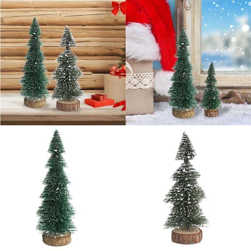 Realistic Miniature Christmas Tree Wood Base Desktop Christmas Tree Ensembles with Realistic Snowy Appearance
