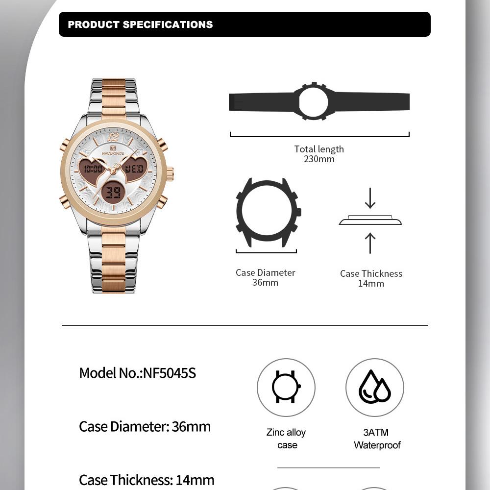 Naviforce Women Quartz LCD Digital Watch Waterproof Stainless Steel Strap NF5045S