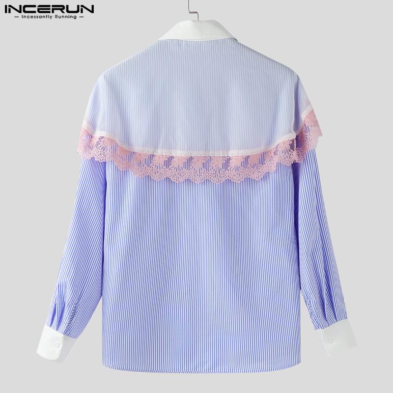 INCERUN Oversized Men Lace Patchwork Lapel Short Sleeve Striped Casual Loose Shirts