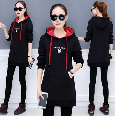 2026 Autumn/Winter Korean Style Mid-Length Hooded Plus Velvet Thick Sweatshirt for Women