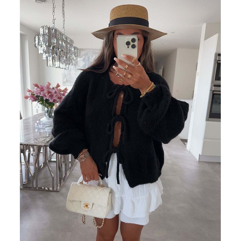 Simple Sweater2025 European and American Autumn and Winter New Women round Neck Lace-up Knit cardigan Simple Sweater Outerwear