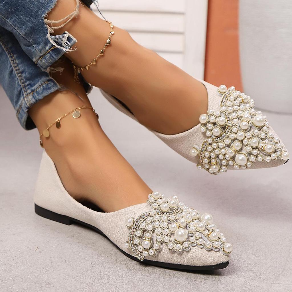 New Crown Pearl Soft Flats Wedding Shoes Pointed Toe Women Dress Low Pearl Heel Ladies Fashion Luxury Plus Size 43 Shoes