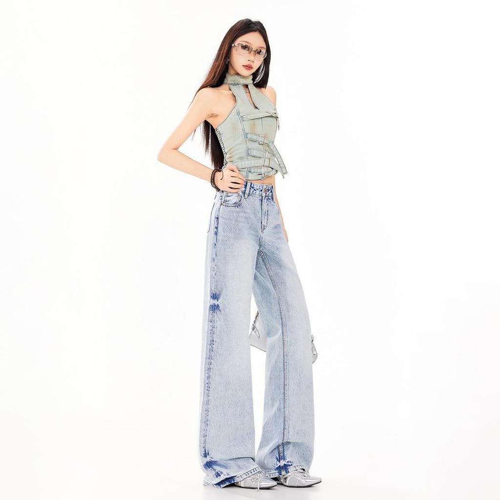 Women's Retro Sky Blue High-Waist Jeans, 2026 Spring/Summer Collection - Loose, Slimming, Floor-Length, Straight-Leg Versatile Pants