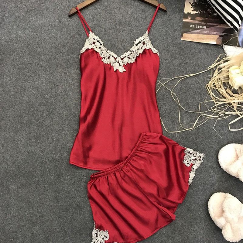 Elegant And Alluring Satin Lace Sleepwear Babydoll Lingerie Nightdress Pajamas Set For Women