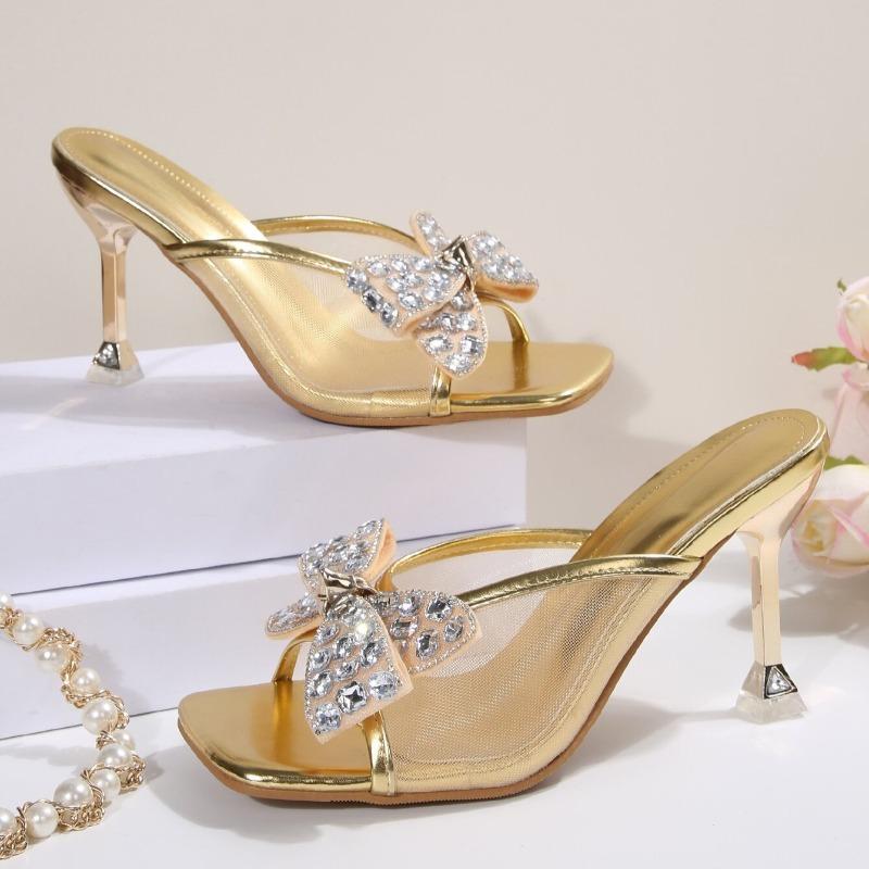 Fashion Women's Sandals Rhinestone Bow Clear Mesh Breathable Open Toe Summer New Square Toe Fashion High Heel Slippers