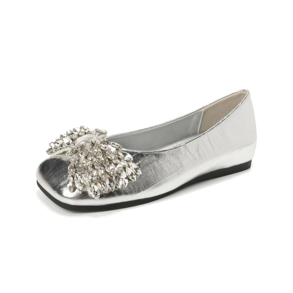 Square head silver single shoes women's shallow mouth butterfly rhinestone with skirt ladyshoes