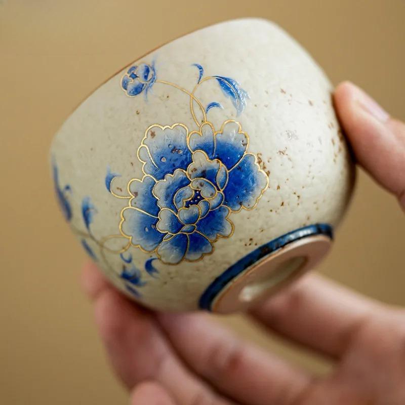 150ml Outline In Gold Blue Peony Teacup Handmade Tea Bowl Set Of Cups Tea-tasting Personal Cup Chazhan Master Cups Teaware Craft