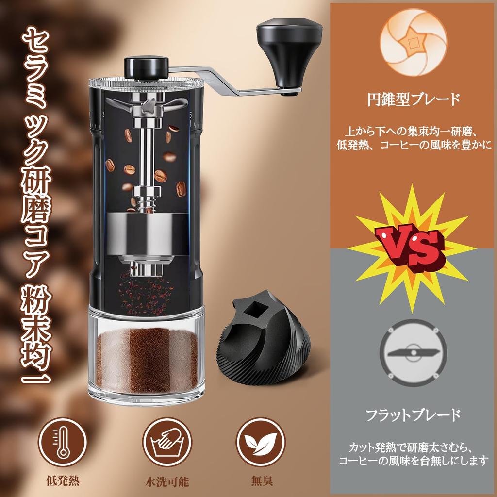 Ręczny młynek do kawy Vixplorn z ceramicznym rdzeniem mielącym, 40 regulowanych poziomów mielenia, pojemność 30 g, podwójny zbiornik na zmieloną kawę i szczoteczka do łatwego