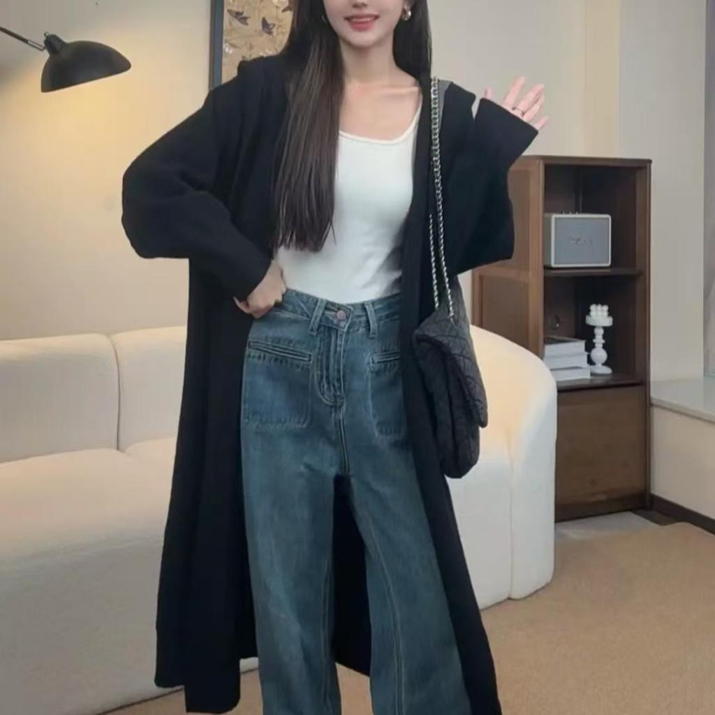 Live stream explosion Lazy wind hooded knitted cardigan women's medium and long autumn and winter new Korean sweater jacket coat