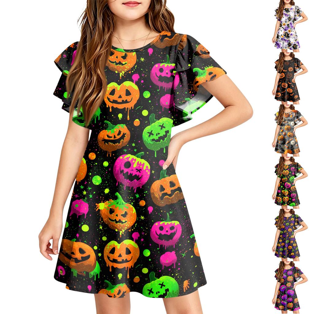 Children's ruffled sleeve dress with round neckline, A-line style, casual Halloween print dress