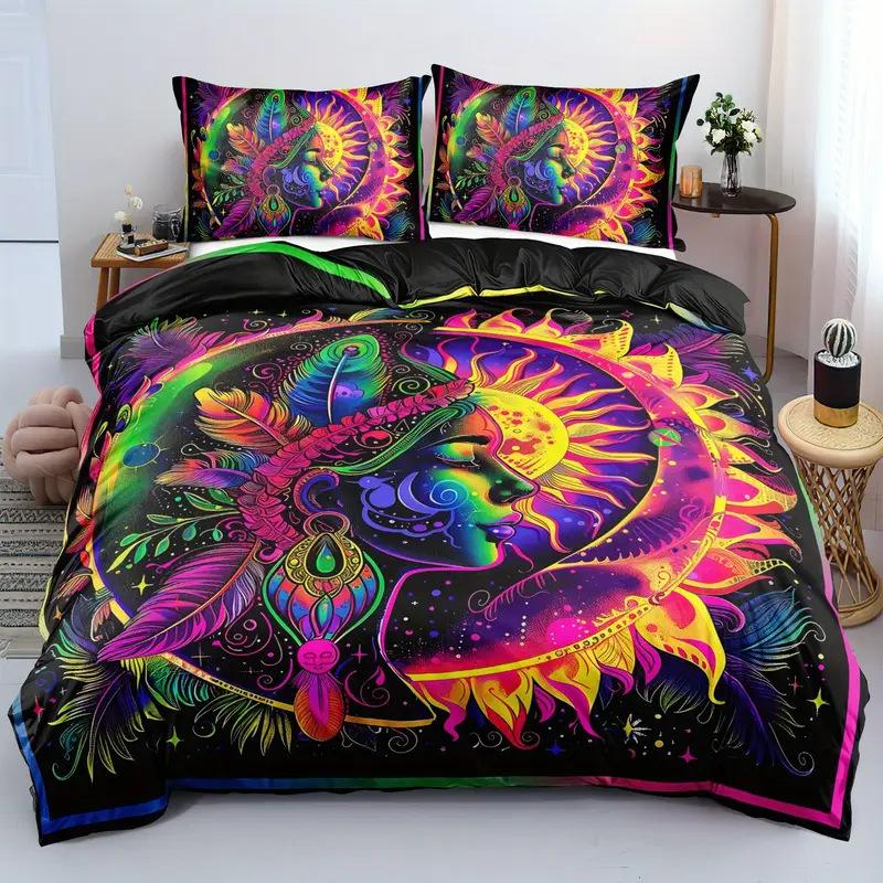 Boho Sun and Moon Duvet Cover Set Black White Floral Bedding Set Bohemian Exotic Comforter Covers Queen Bedroom Decor All Season