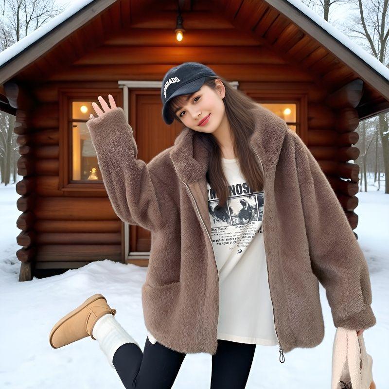2025 Eco-Friendly Women's Hooded Shearling Mid-Length Mink Fleece Winter Coat