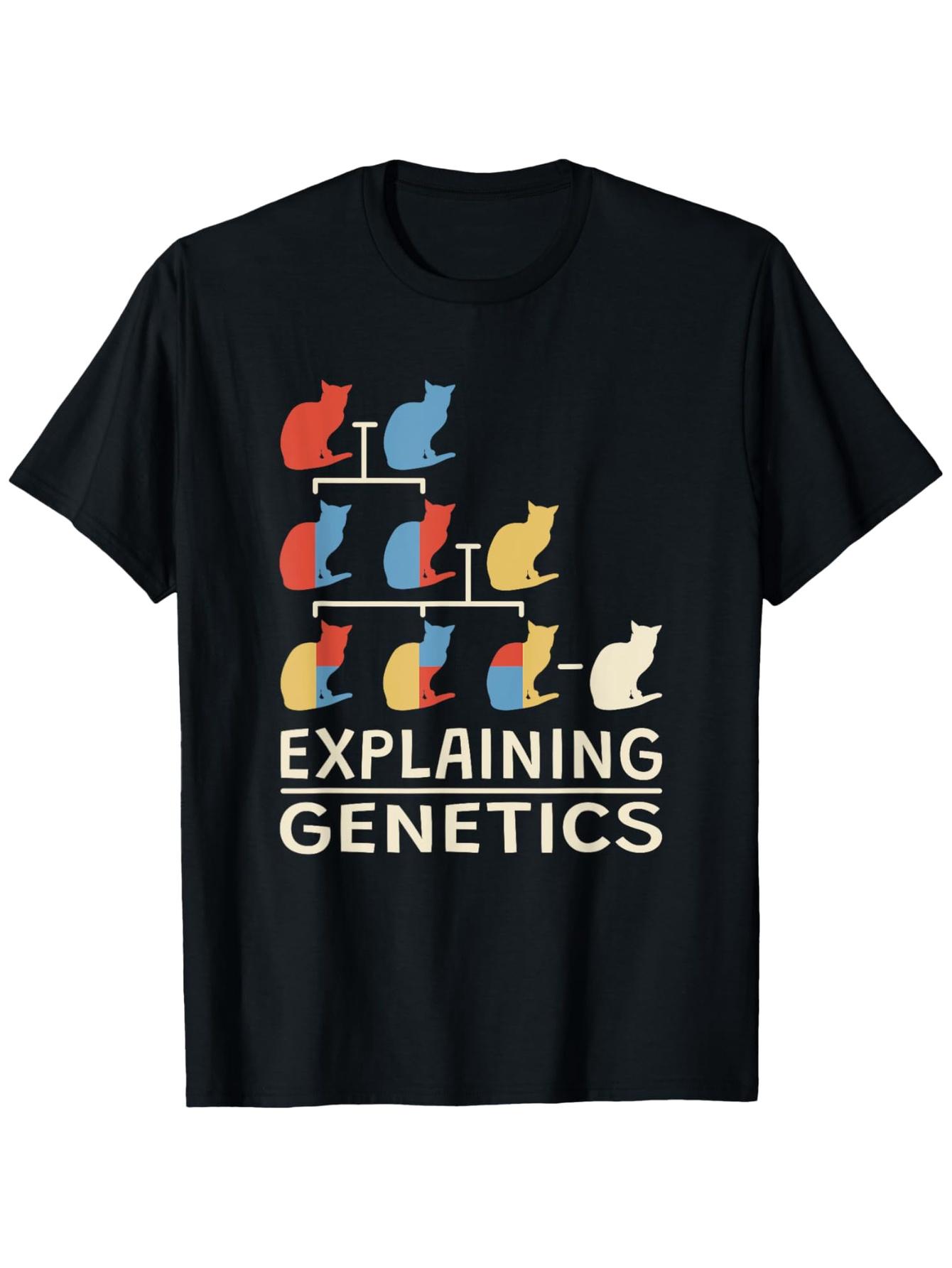 Mens Round Neck Cotton TShirt Explaining Genetics Funny Cat Graphic Short Sleeve Casual Tee for Biology Enthusiasts S