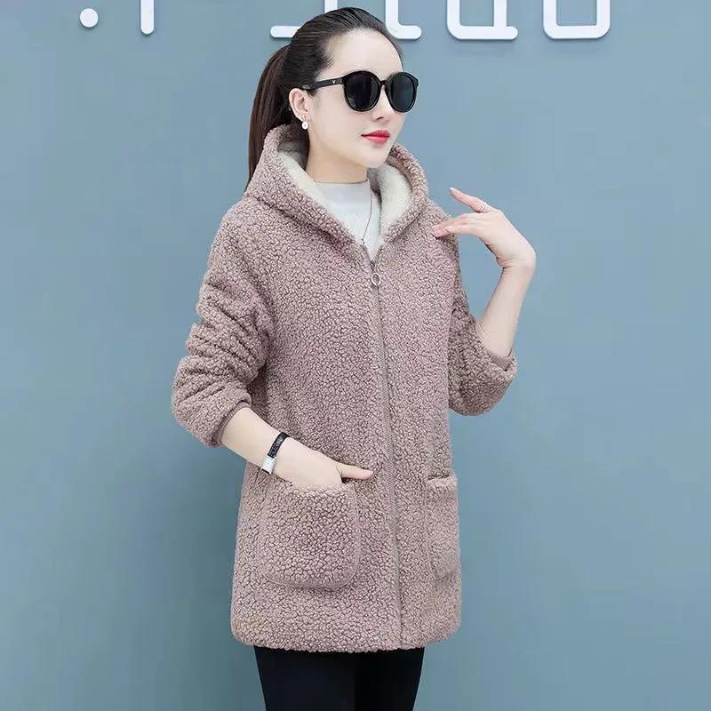 Women Loose Fleece Lined Thickened Slimming Cardigan Particle Velvet Medium Length Outerwear