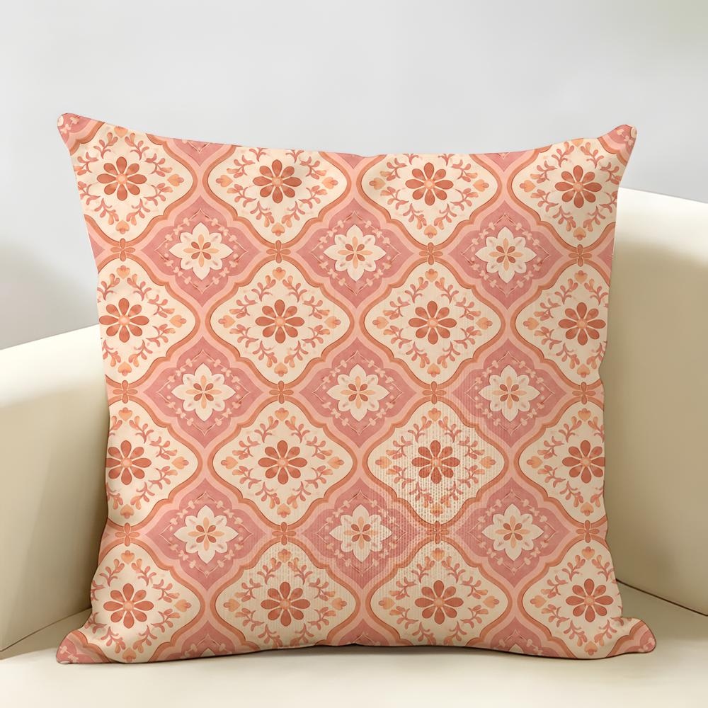 Bohemian Tile Print Cushion Cover Durable Hypoallergenic Organic Linen Short Pillow Cover Washable