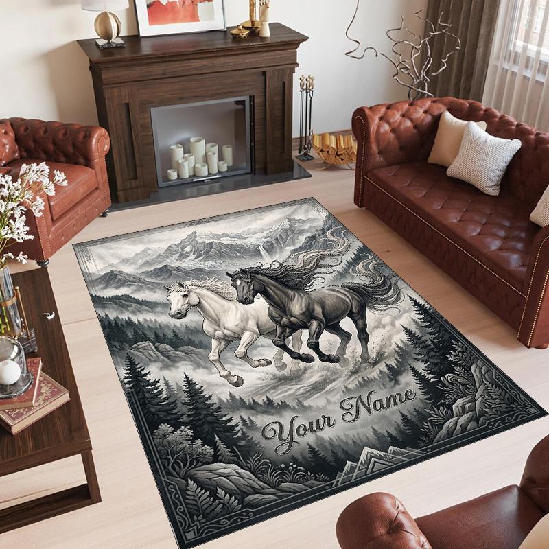 Horse Theme Crystal Velvet Floor Rug Personalized Custom Name Text Warm Carpet Home Decoration