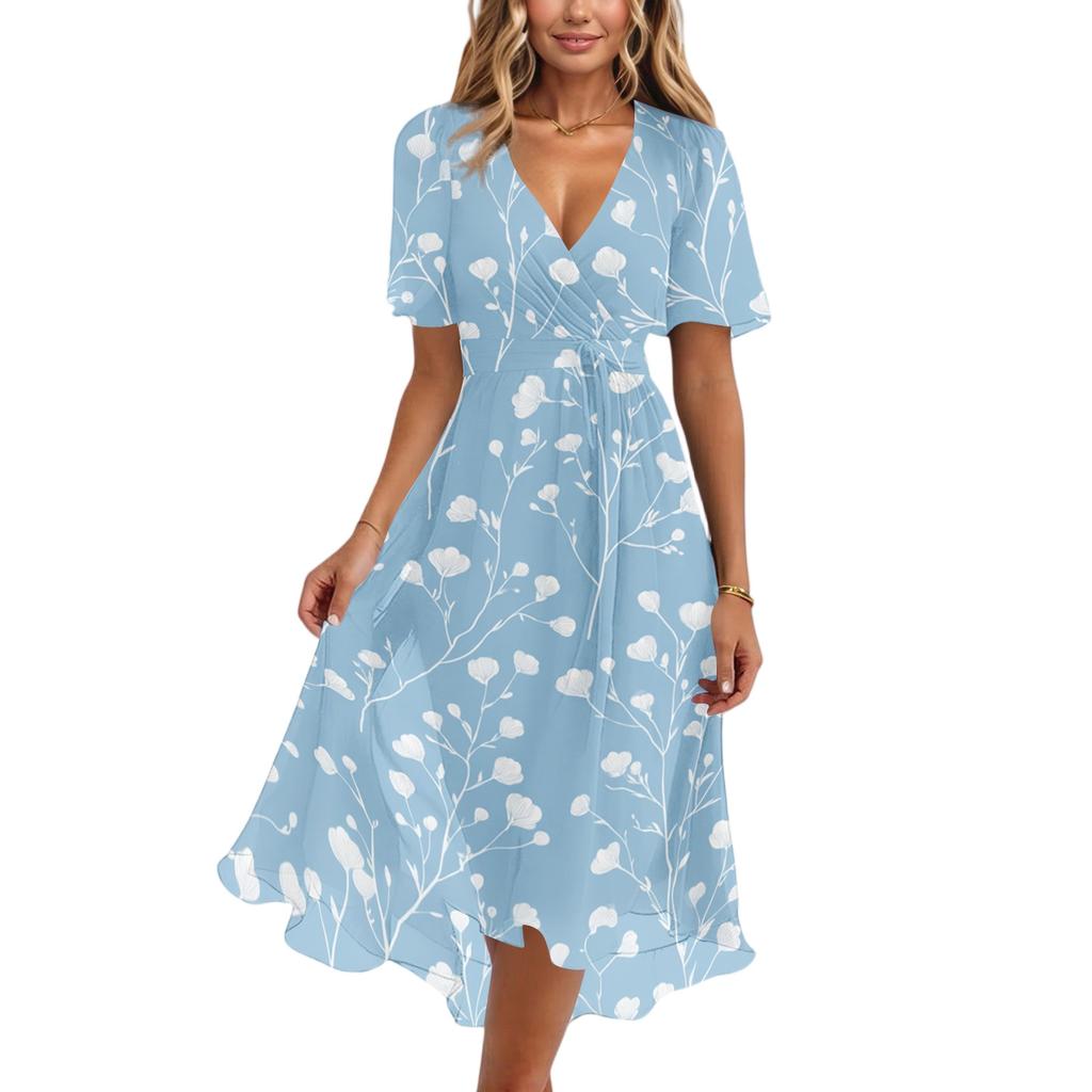 Women's Casual V Neck Short Sleeve Floral Print Dress Lightweight Midi Length Summer Dress with Wrap Style and Flared Hem