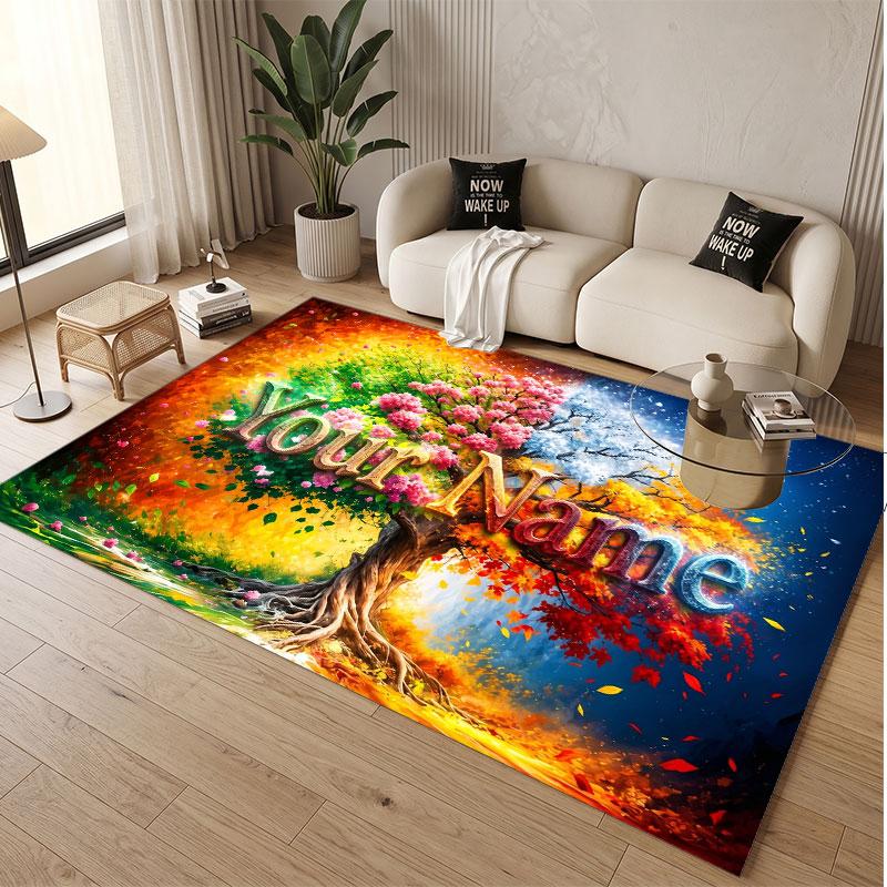 Tree of Life Theme Soft Crystal Velvet Rug Custom Name & Text Print Non Slip Floor Rug for Bedroom Living Room