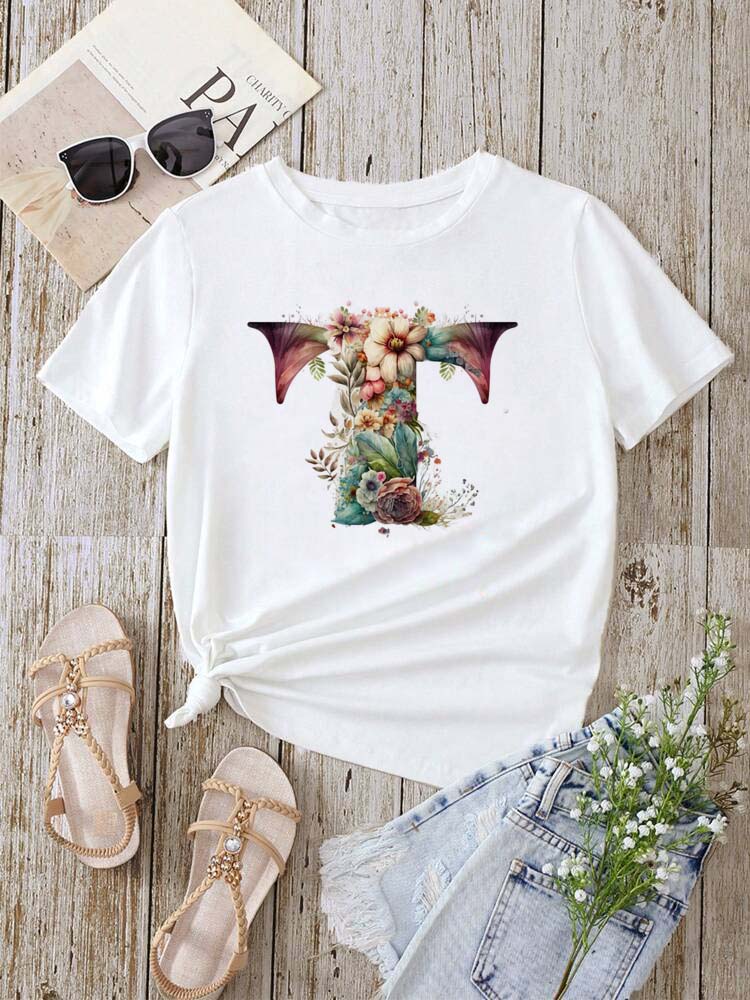 Custom Name Letter Combination Fashion Women T-shirt Floral Letter Font A B C D E F G Short Sleeve Tops White T-shirt