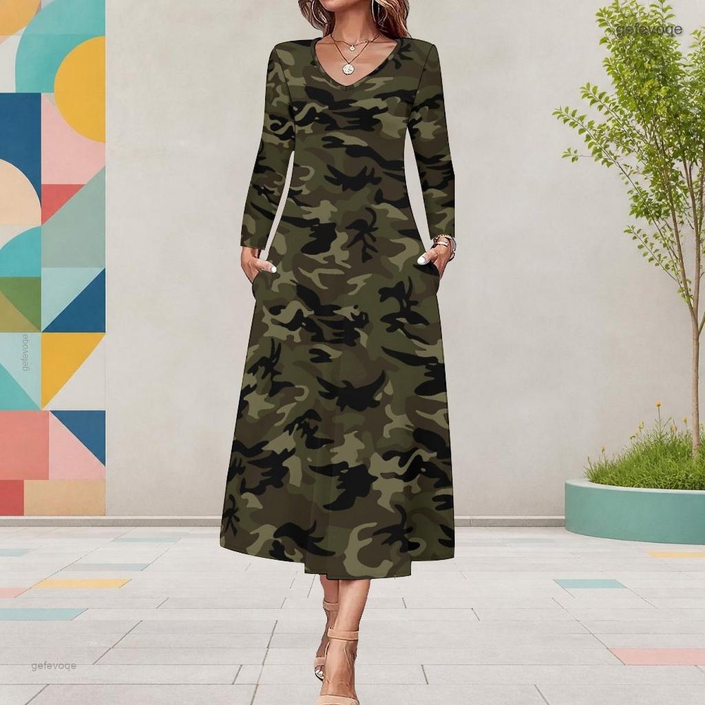 Women s Plus Size V Neck Long Sleeve Printed Black Purple A Line Midi Dress With Pockets