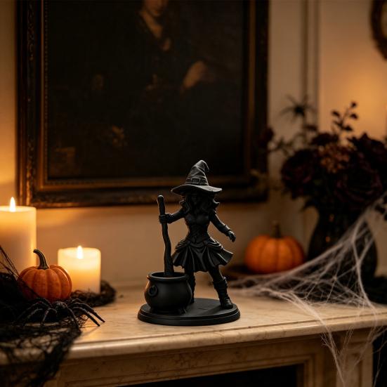 3D Printed Witch Statue Halloween Cauldron Figurine, Spooky with Black Pot, Fantasy Table Ornament Gothic Small Desktop for Tabletop Mantel