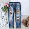 Women's Mid Rise Straight Leg Distressed Orange Buffalo Plaid Maple Leaf Print Long Denim Pants Casual Jeans