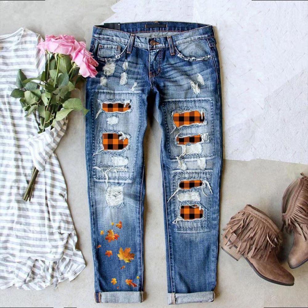 Women's Mid Rise Straight Leg Distressed Orange Buffalo Plaid Maple Leaf Print Long Denim Pants Casual Jeans