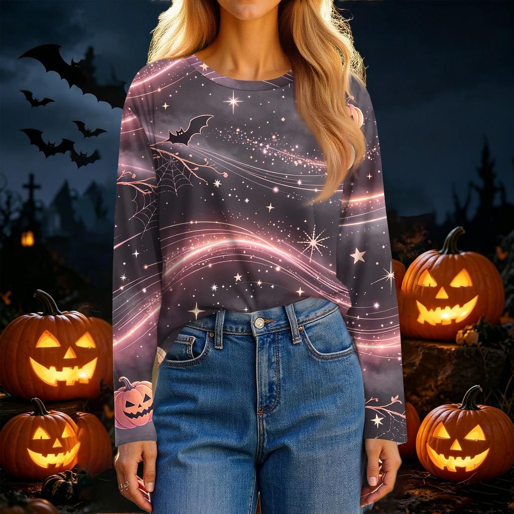 Women's Fashion Casual Long Sleeve Halloween Print Crewneck Top