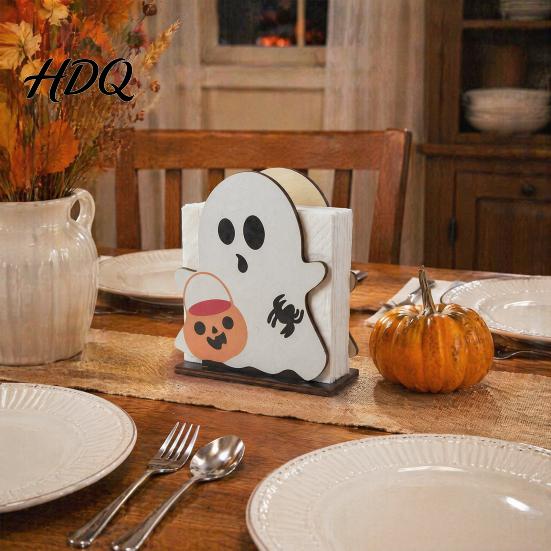Sturdy Wood Tissue Stand Halloween Ghost Wooden Napkin Holder, Cute Paper Towel Decorative Autumn Seasonal Home Accents Stand, Freestanding Dispenser