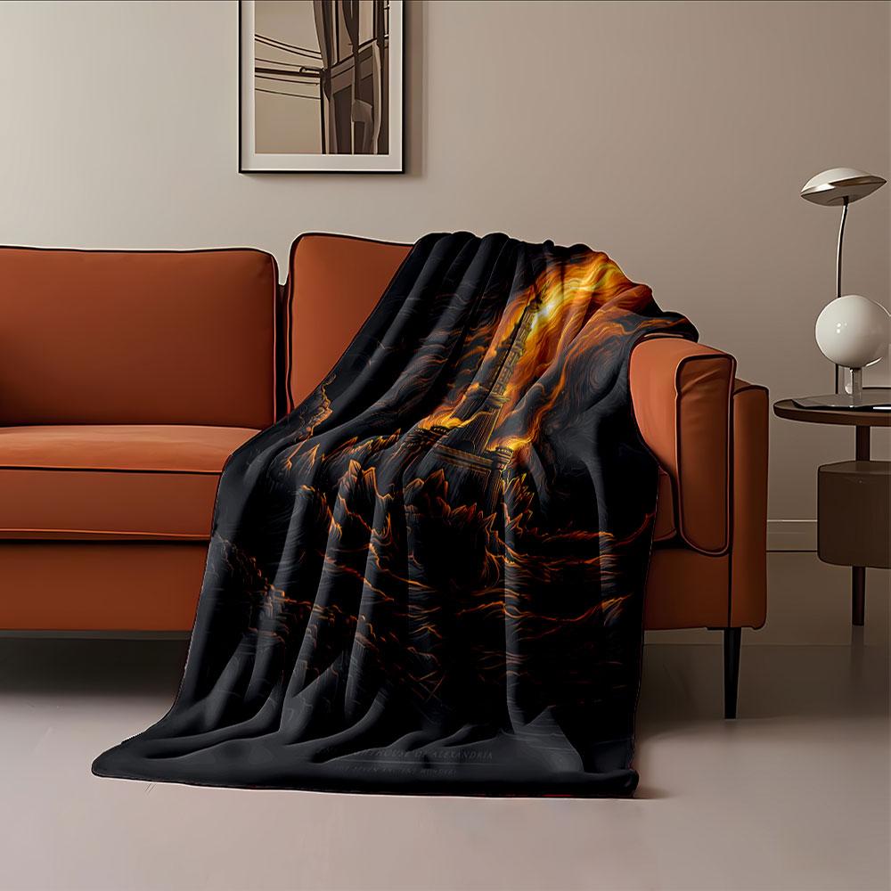 A fiery lighthouse towers over turbulent waves in a dark, stormy setting. for all seasons blanket lunch break throw gift