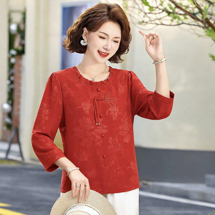 

Mom s New Chinese Style Spring Jacquard Blouse - Age-Reducing, Loose, and Belly-Covering for Middle-Aged and Elderly XL [90-105 lbs] красный